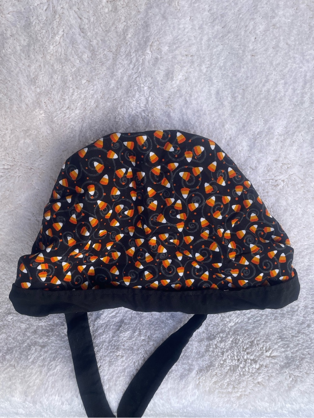 SCRUB CAP Halloween Candy Corn Scrub Cap Hat Elastic Back Black Ties